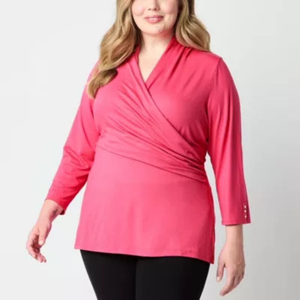 NWOT Liz Claiborne Pink Wrap Blouse 3/4 Sleeve Relaxed